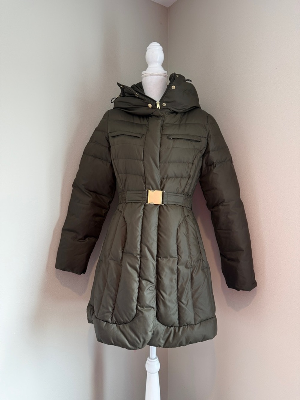 Cole Haan | Hooded Belted Puffer Coat with Gold Buckle | Olive Green | Medium